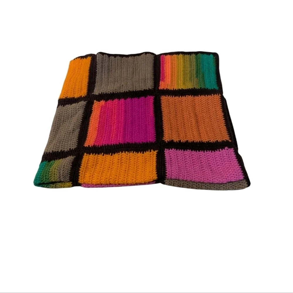 Rainbow Afghan Blanket Throw Handmade Squares Pink Orange Green Yellow 40x48